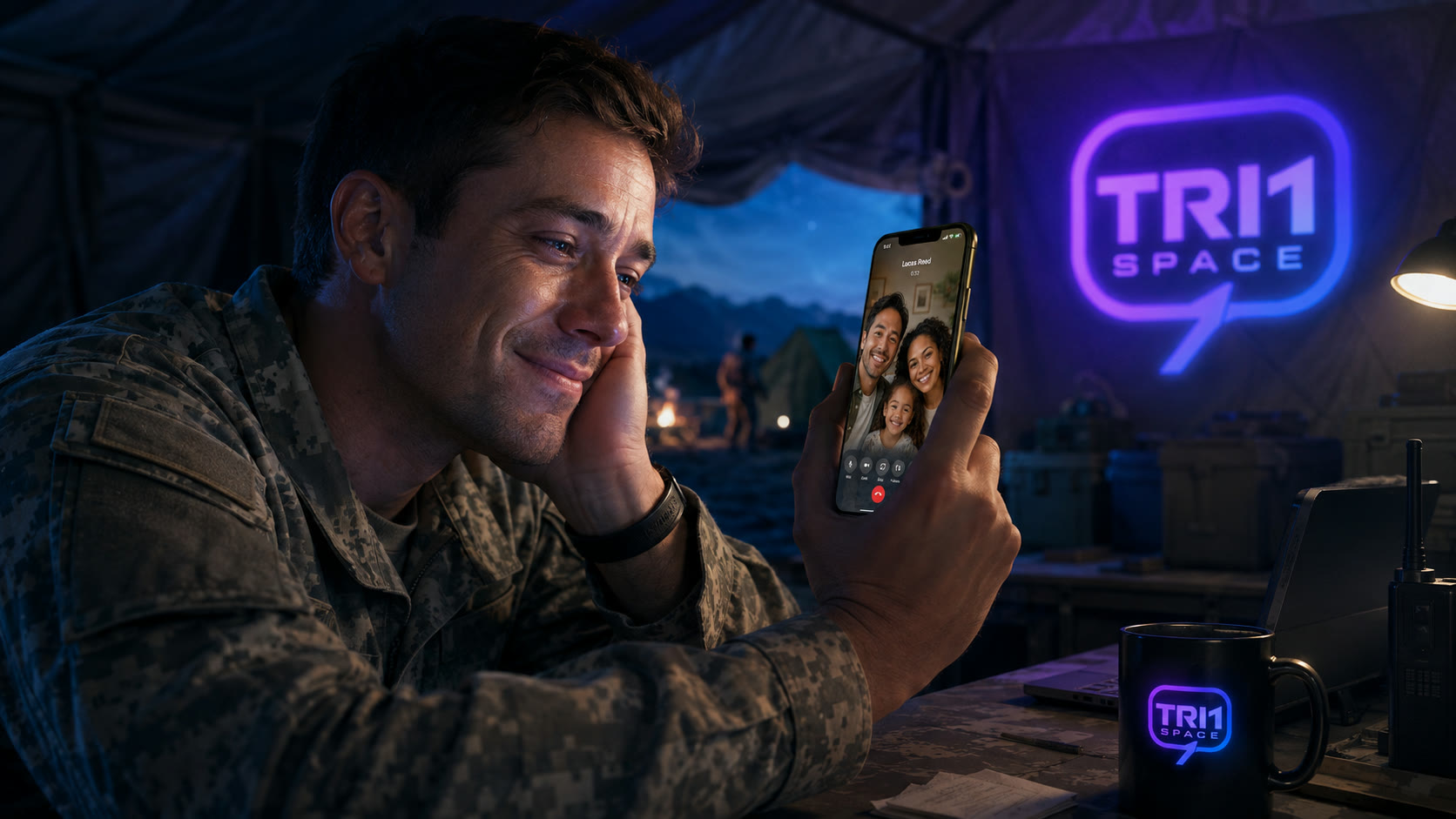 A soldier in a field tent at night, smiling at a video call with his family on a phone running TRI1 Space.