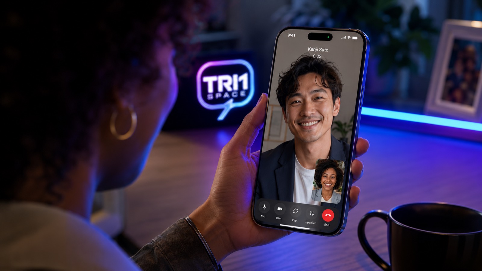 A woman on an encrypted TRI1 video call, the person she is calling filling the phone screen, with a TRI1 Space sign glowing behind her.